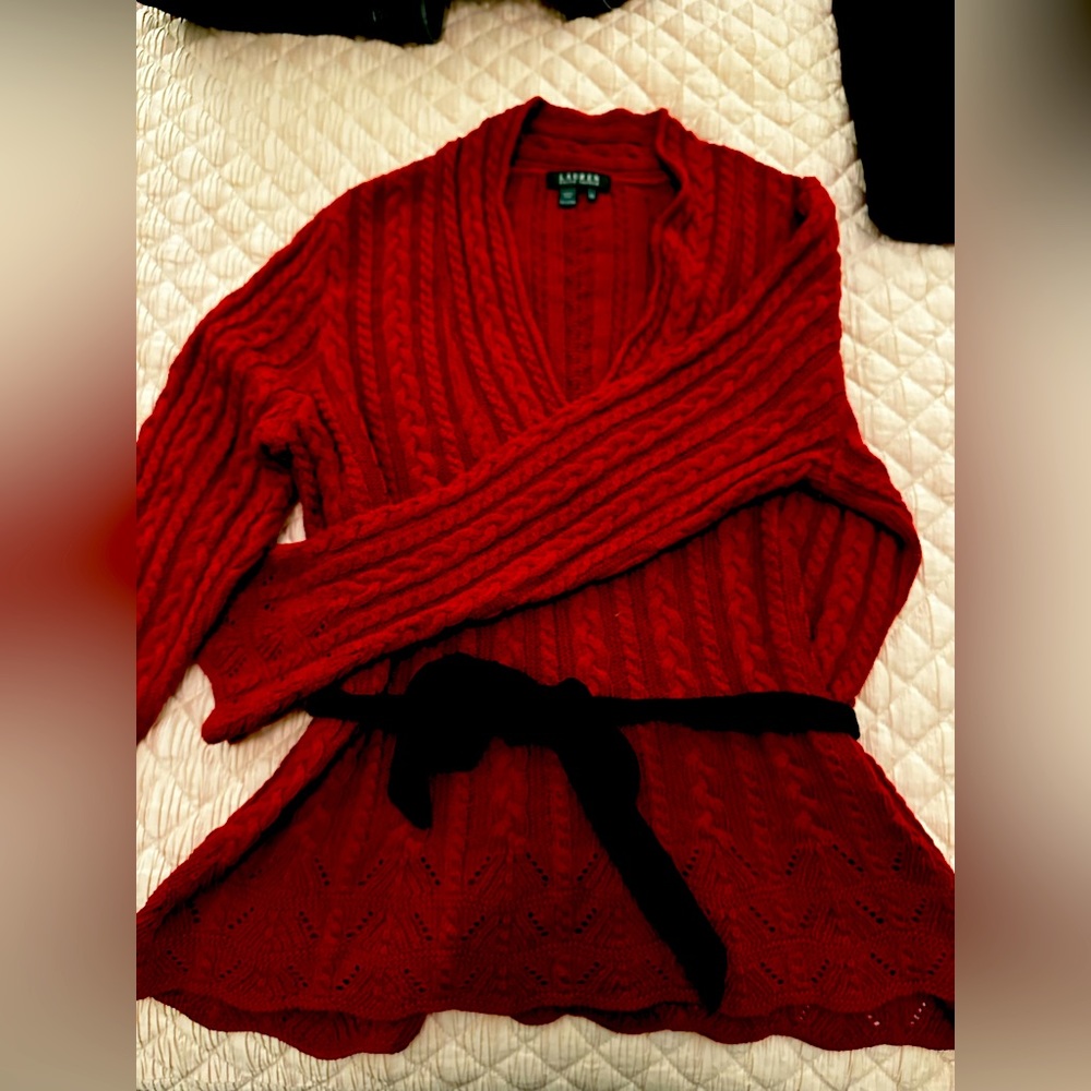 Lauren by Ralph Lauren Red Cable Knit Sweater With Black Velvet Belt. Size 2XL.